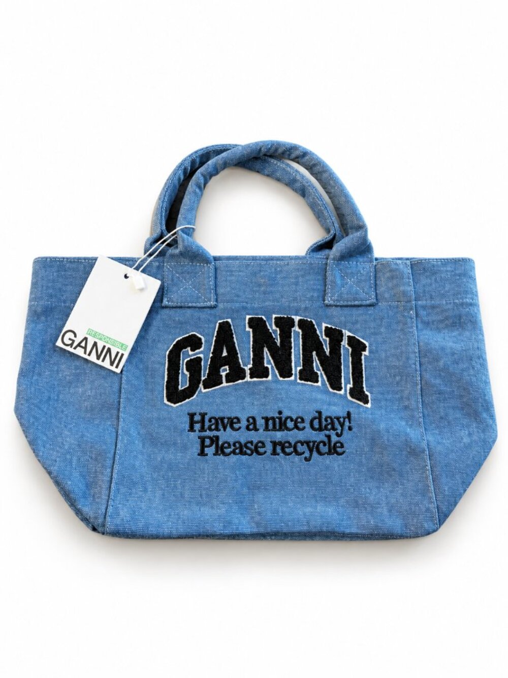 GANNI Small Easy Shopper Bag Blue Embroidered Logo Tote Have a Nice Day